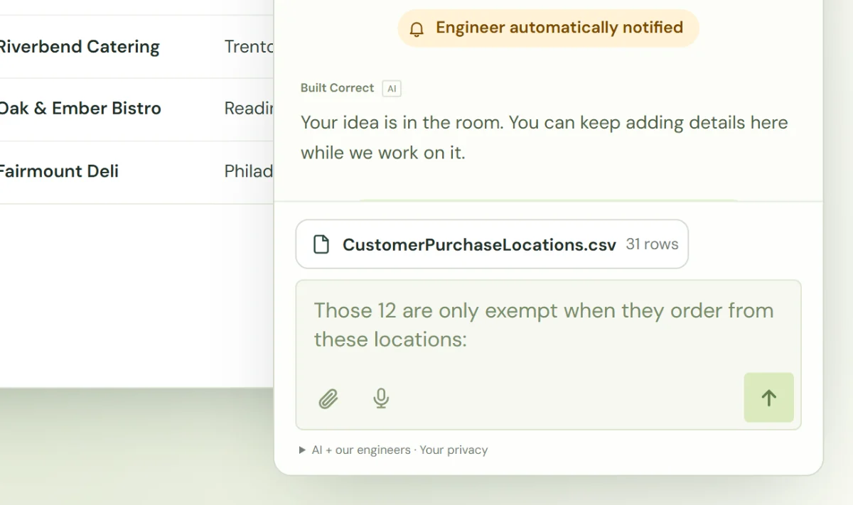 A customer list dropped into the Build Room's chat as a CSV file, with the note that goes with it