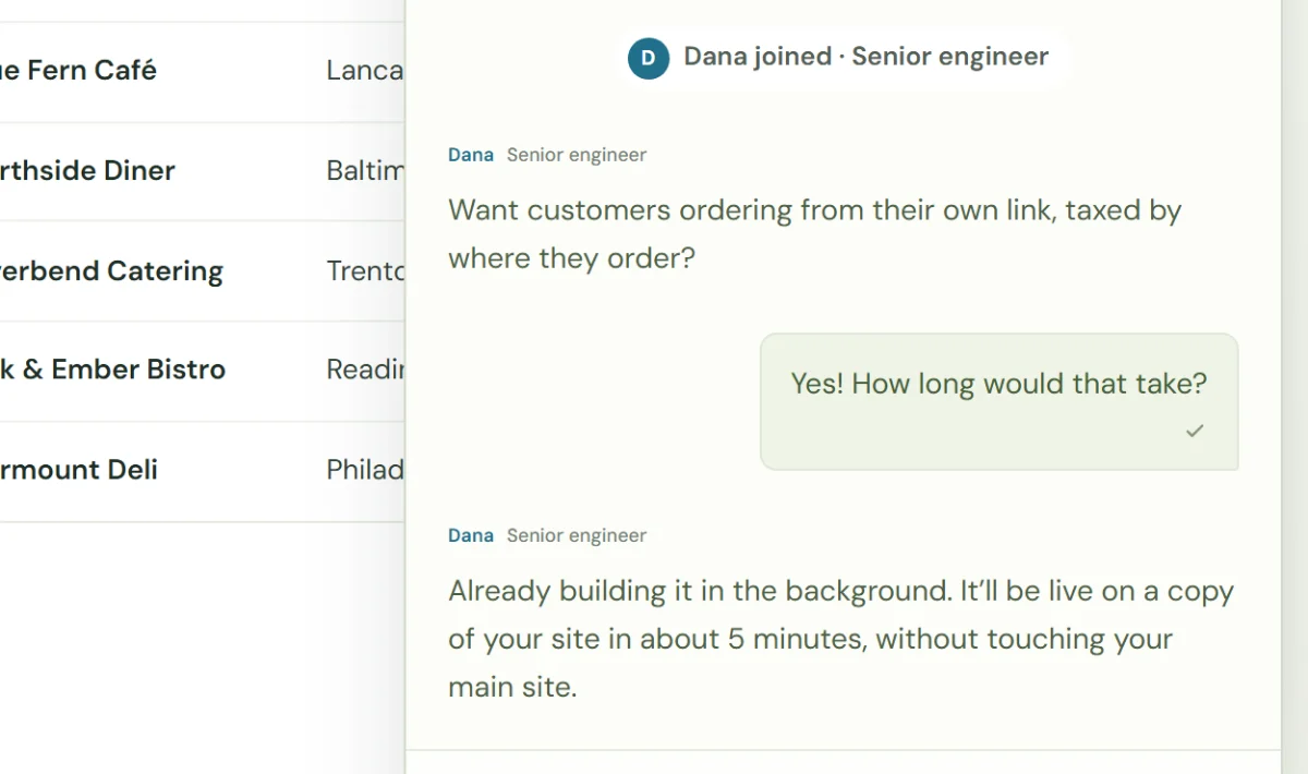 A senior engineer in the Build Room offering the next step and already building it on a copy of the site