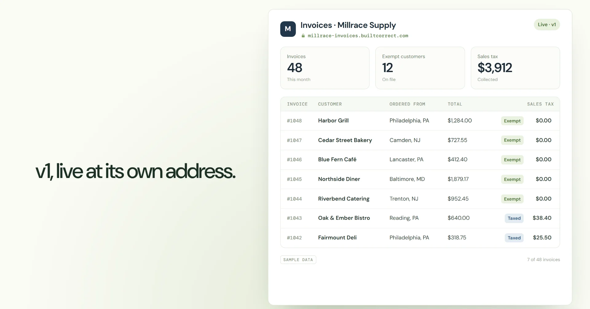 The Build Room walkthrough: v1, live at its own address, beside a sample business's invoices app at millrace-invoices.builtcorrect.com