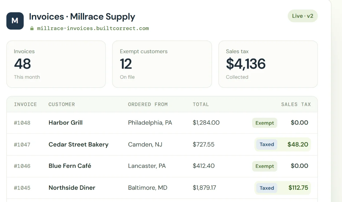 The invoices app's second version: each customer taxed or exempt by where they ordered from