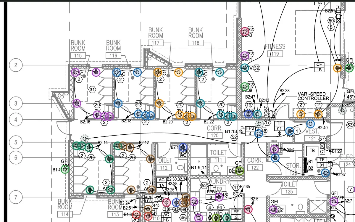 A floor plan with each receptacle bubbled in its circuit's color