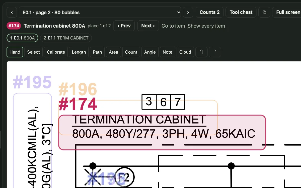 The 800 A termination cabinet clouded and numbered #174 on its sheet