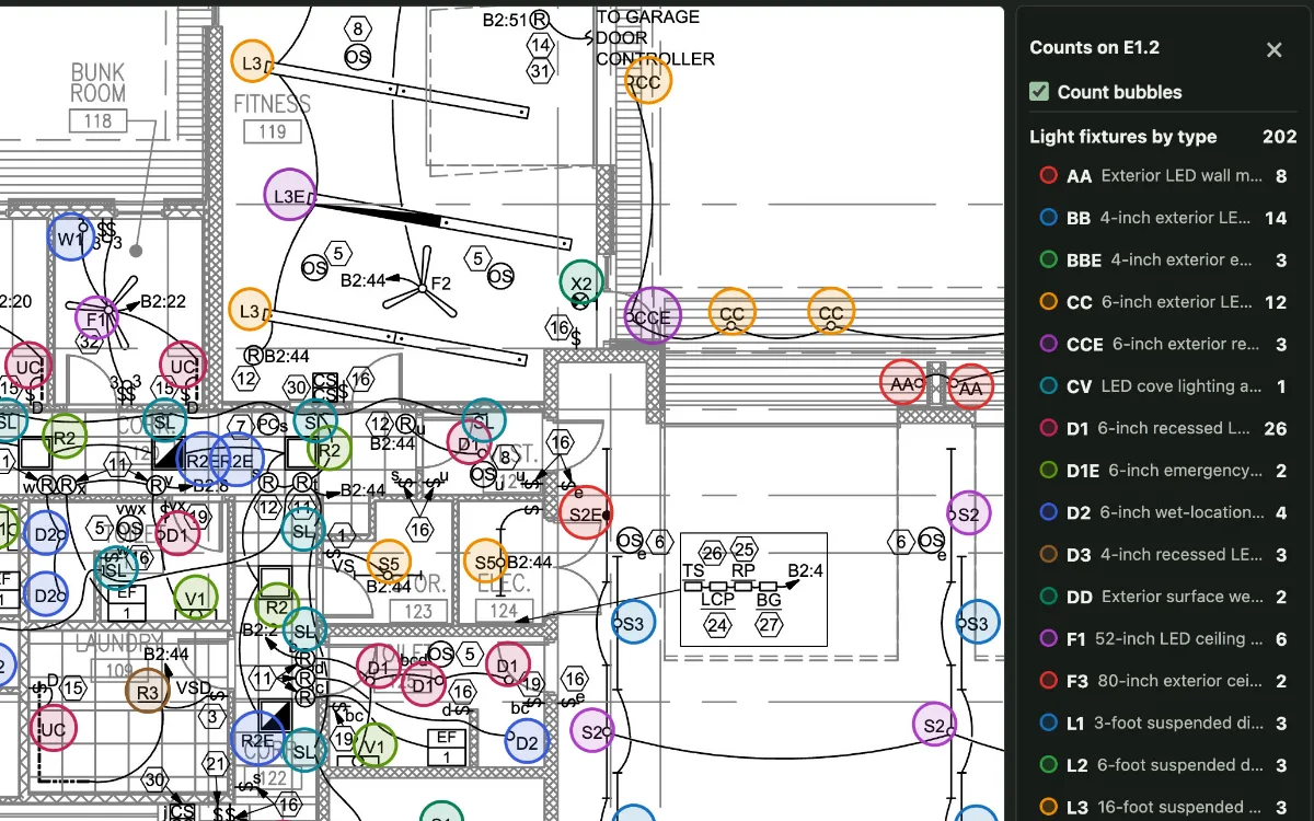 A floor plan with every light fixture bubbled in its type's color, and the count of each type beside it