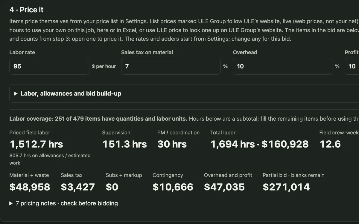 The Price it step: labor rate, sales tax, overhead and profit, with the labor hours and the bid's totals